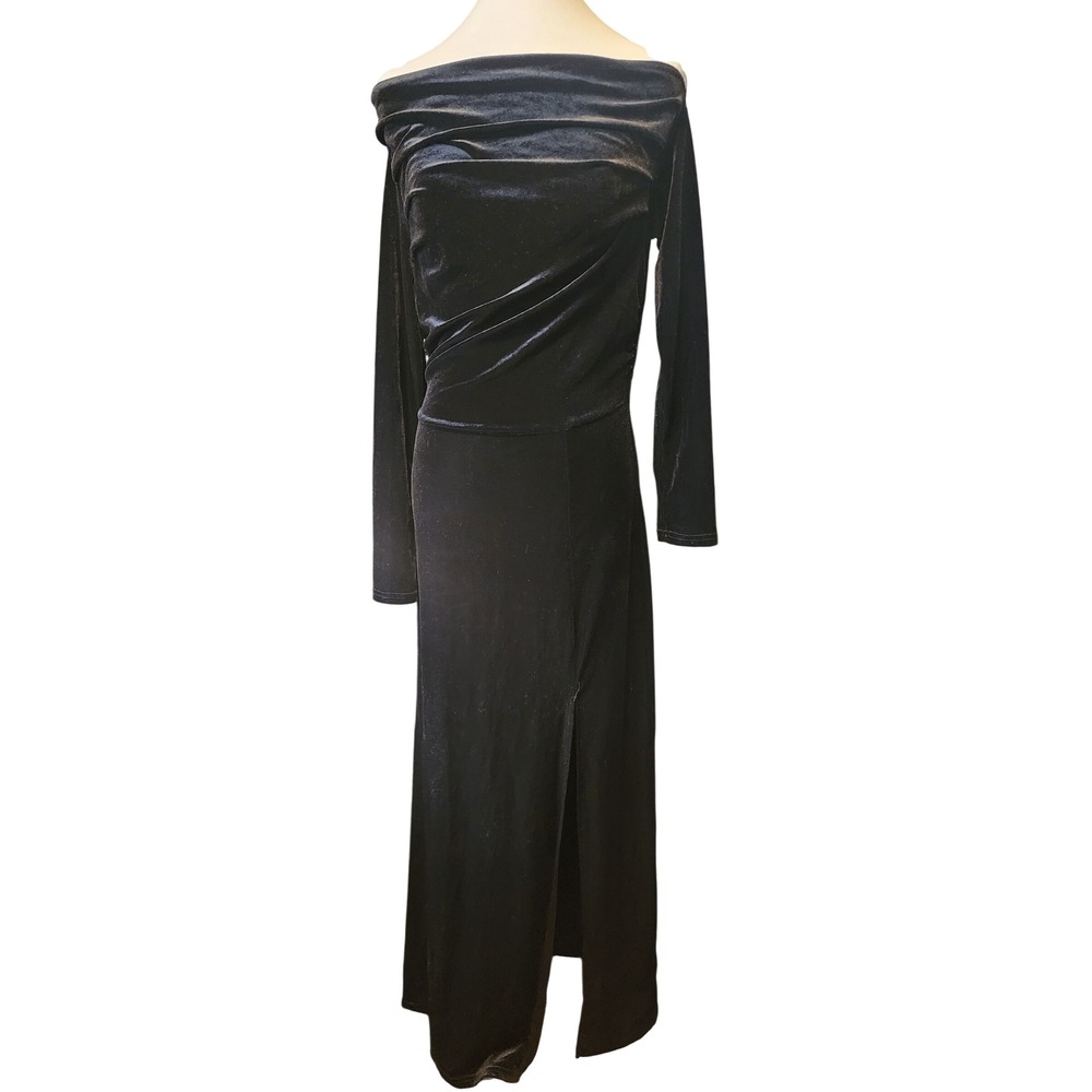 Black Velvet Off the Shoulder Draped Maxi Dress Long Sleeve Slit Size M